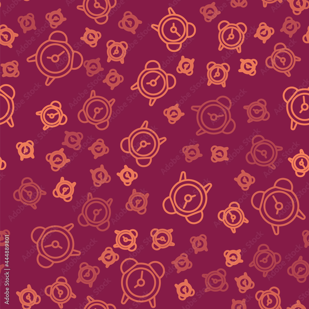 Poster brown line alarm clock icon isolated seamless pattern on red background. wake up, get up concept. ti