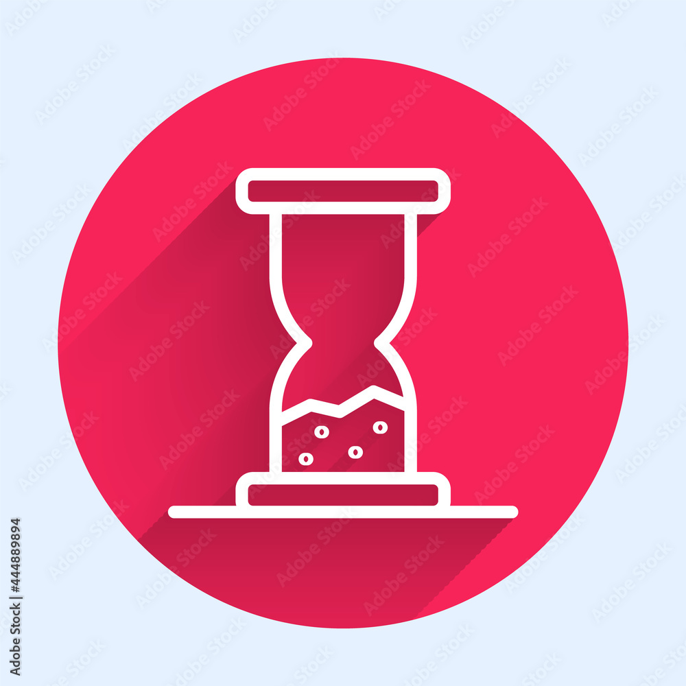 Poster white line old hourglass with flowing sand icon isolated with long shadow. sand clock sign. business