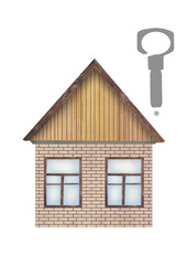 Isolated house on a white background with a key in the form of a question mark as a question whether to buy a house?