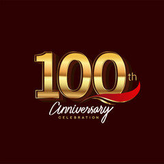 100th years anniversary celebration logotype. Anniversary logo with red feather and golden color isolated on elegant background, vector design for celebration, invitation card, and greeting card