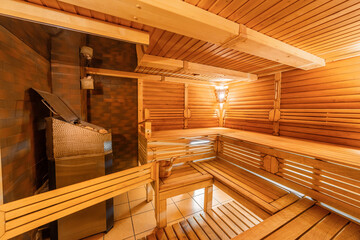 Interior of Finnish sauna, classic wooden sauna