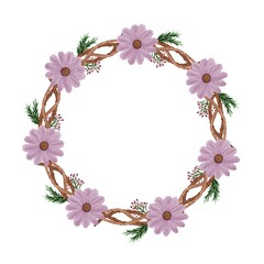 circle frame with pink watercolor flower  and branch border