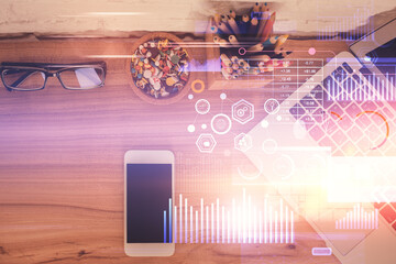 Fototapeta premium Double exposure of technology theme drawing over work table desktop. Top view. Global data analysis concept.