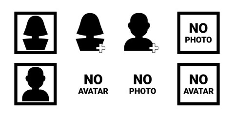 Black silhouette icons, simple social concept - profile, avatar, photo, man and woman person, in frame. Set of simple black icons for dating site, for social networks, for communication on Internet.