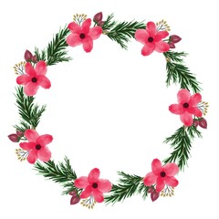red wreath, circle frame with red flower and spruce leaf for christmas card