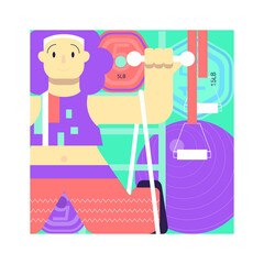 The girl goes in for sports while isolated. The concept of maintaining health, working, studying from home during a pandemic. Colored flat vector illustration of a new trend.