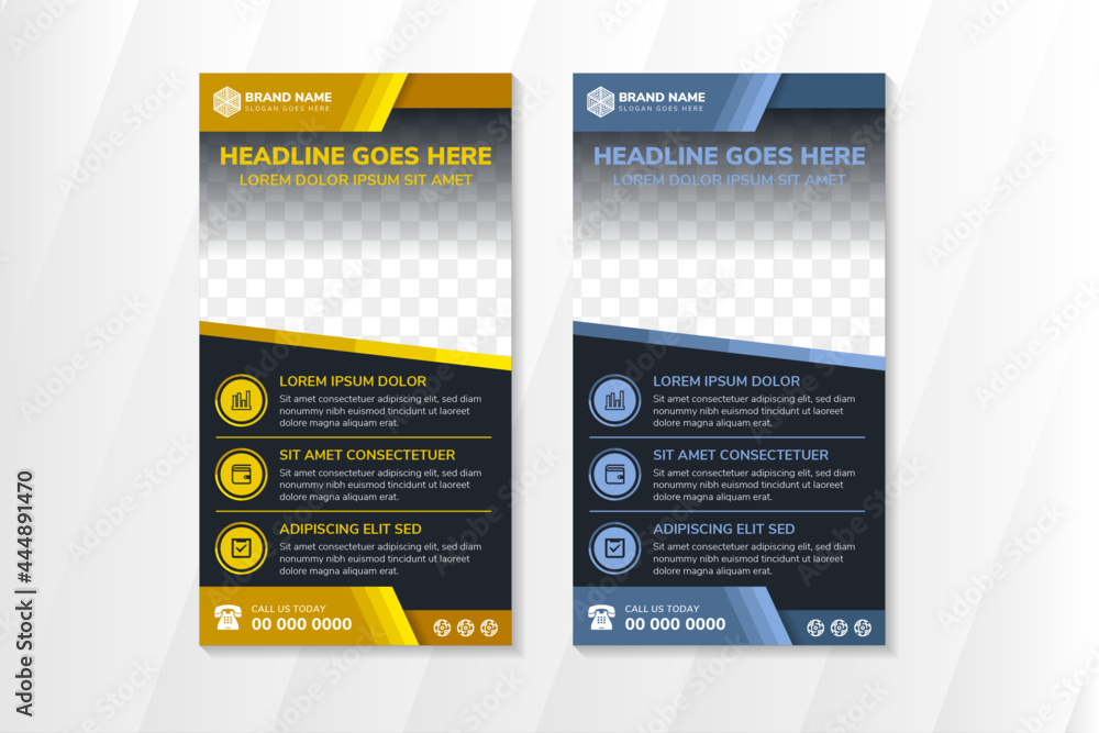 Poster set of abstract geometric banner template. vertical layout combined with multicolored gold and blue 