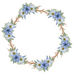 circle frame with blue bouquet and branch border