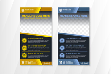 Set of abstract geometric banner template. Vertical layout combined with multicolored gold and blue pastel design on elements. Diagonal space for photo collage. black background with papercut style.