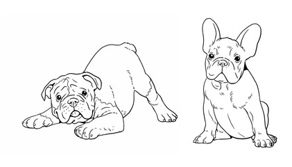 English and French bulldogs puppies. Cute dogs puppy. Coloring template. Digital illustration.	