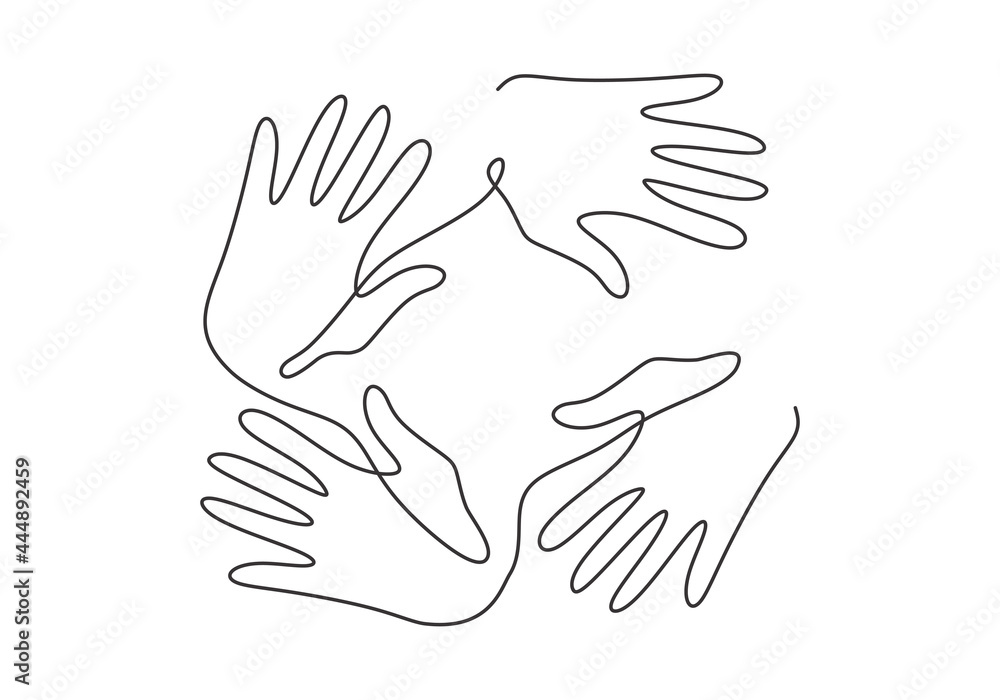 Wall mural Continuous line drawing of four human hands showing their business teamwork or friendship. Teamwork and partnership concept isolated on white background. Family, friends hand drawn minimalism style