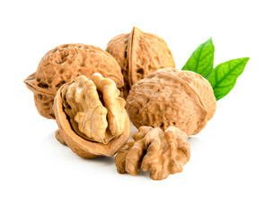 Walnut with leaf isolate. Walnuts peeled and unpeeled with leaves on white. Walnut nut side view. With clipping path. Full depth of field.