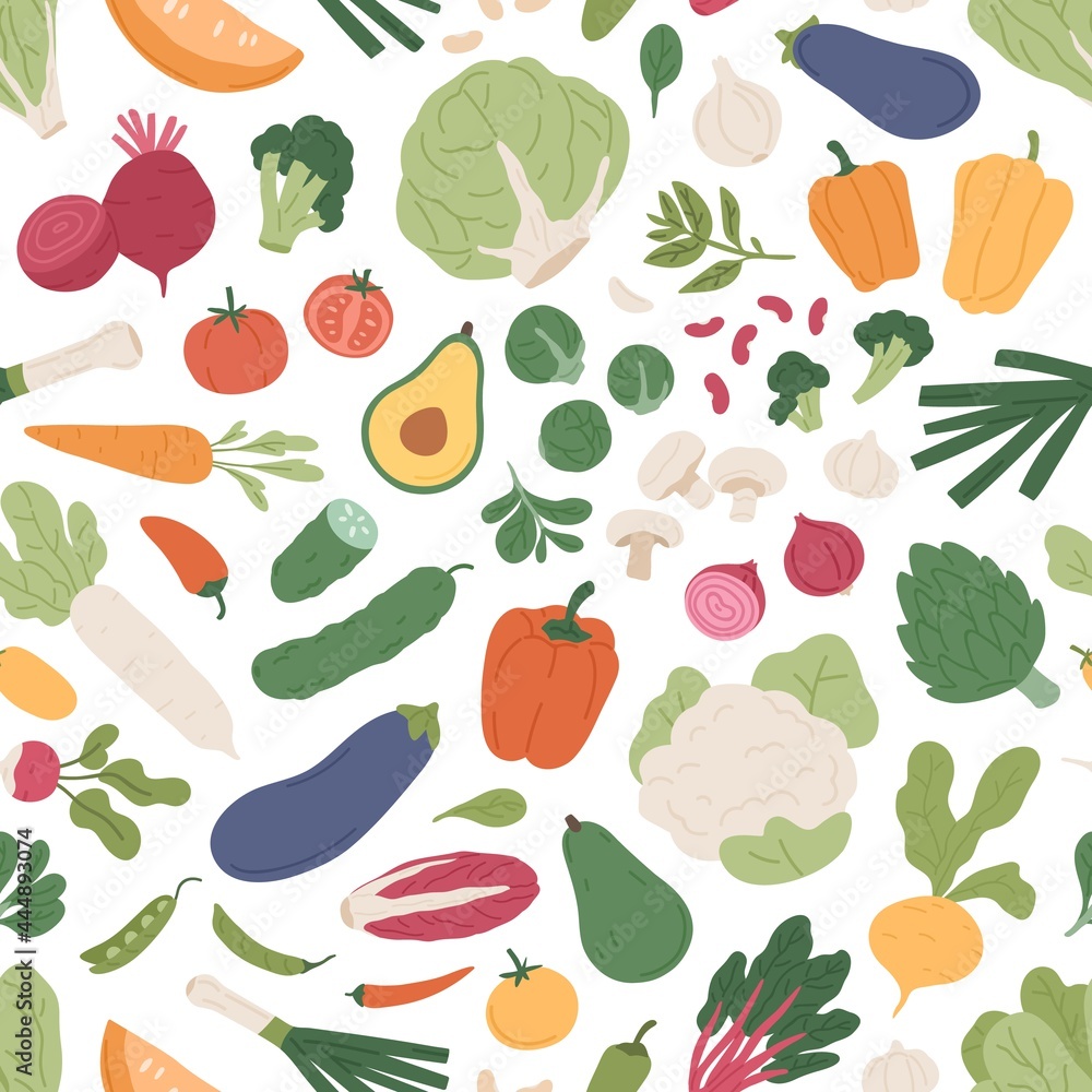 Poster seamless pattern with fresh vegetables on white background. repeatable texture with different vegeta
