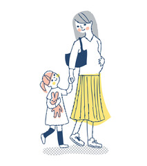 手をつないでいる女の子と妊娠中のママ