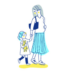 手をつないでいる女の子と妊娠中のママ