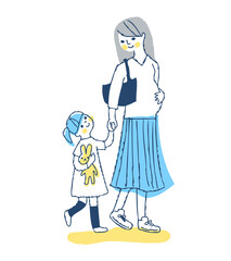 手をつないでいる女の子と妊娠中のママ