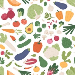 Seamless pattern with fresh vegetables on white background. Repeatable texture with different vegetarian food. Printable farm organic veggies for wrapping. Colored flat vector illustration - obrazy, fototapety, plakaty