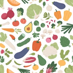 Fotobehang Seamless pattern with fresh vegetables on white background. Repeatable texture with different vegetarian food. Printable farm organic veggies for wrapping. Colored flat vector illustration © Good Studio