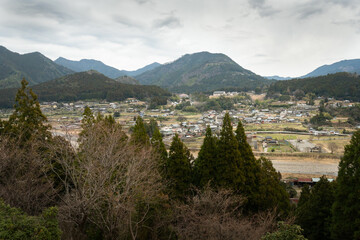 Fototapeta na wymiar Villages along the Kumano Kodo track in Japan. Kumano Kodo is a series of ancient pilgrimage routes that crisscross the Kii Hanto, the largest peninsula of Japan.