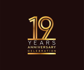 19th years anniversary celebration logotype. Anniversary logo with golden and silver color isolated on black background, vector design for celebration, invitation card, and greeting card