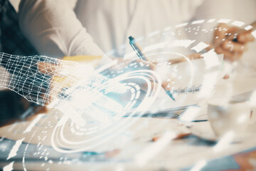 Double exposure of data theme sketch drawing over people writing background. Concept of technology