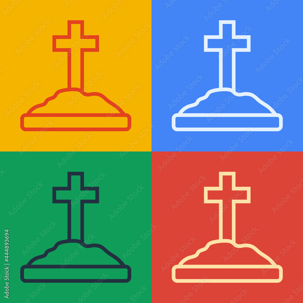 Poster pop art line grave with cross icon isolated on color background. vector