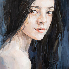 Portrait of a brunette girl. The background is dark blue.