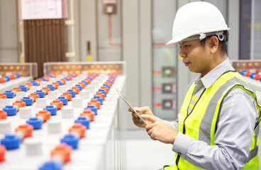 Solar Inverter control room system and battery storage. Electrician Engineer monitoring of solar charge controller and record data to mobile app on digital tablet.