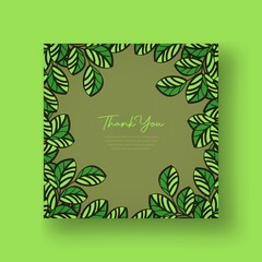 Thank you card with hand drawn green leaves frame