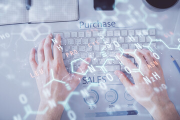 Double exposure of man's hands typing over computer keyboard and formula hologram drawing. Top view. Education concept.