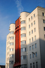 Art Deco Apartment Building against Blue Sky