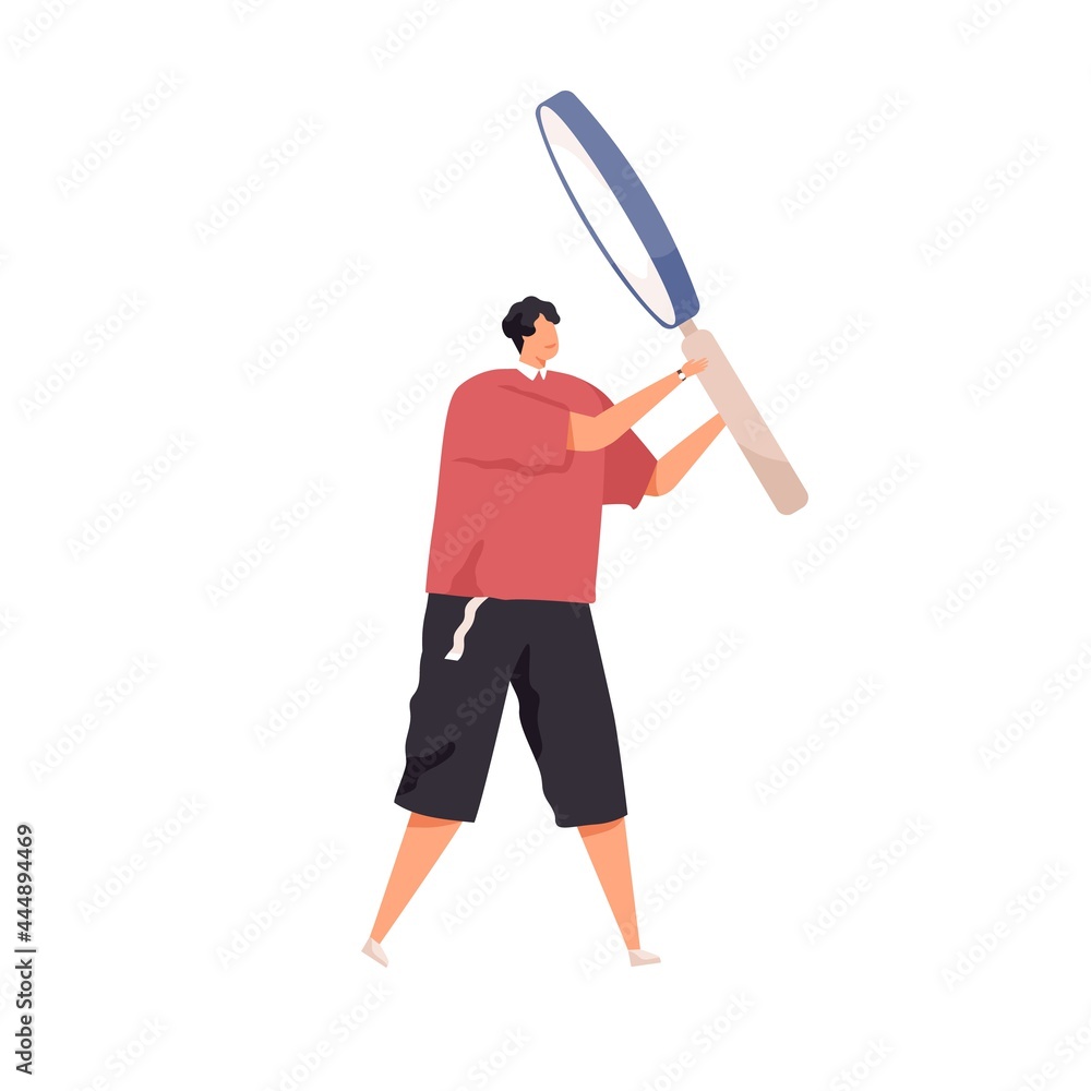 Poster Tiny person investigating and looking for smth. with magnifying glass. Concept of research, analysis and finding solutions. Flat vector illustration of curious man isolated on white background