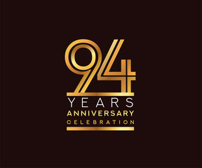 94th years anniversary celebration logotype. Anniversary logo with golden and silver color isolated on black background, vector design for celebration, invitation card, and greeting card