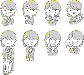 ビジネスシーンで使いやすいスーツを着た女性のイラストセット（8パターン）