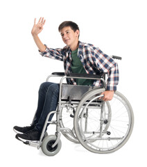 Teenage boy in wheelchair on white background
