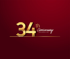 34th anniversary logotype with golden color and underline design isolated on red color. vector anniversary for celebration, invitation card, and greeting card