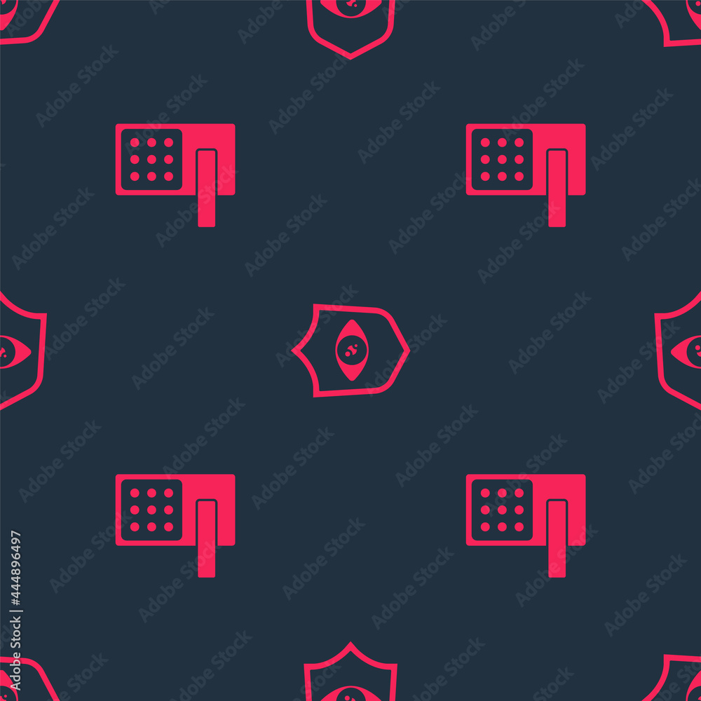 Poster set digital door lock and shield eye scan on seamless pattern. vector