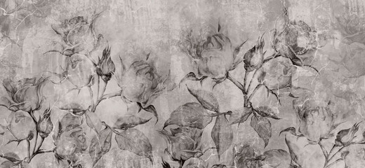 black and white vintage roses, wall murals in the interior of the room on a textured background