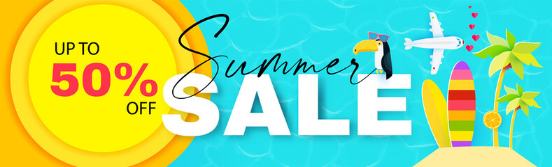 Summer sale. Season sale cute poster template with sun, plane, toucan, stand-up paddle and island