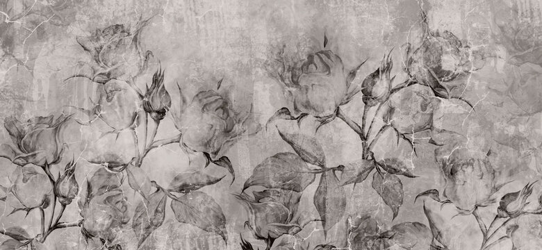 black and white vintage roses, wall murals in the interior of the room on a textured background © Viktorious_Art
