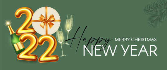 Happy New 2022 Year Party poster template with 3D realistic text, champagne glasses, bottle, fir tree branches and gift box. Festive design. Christmas flyer template