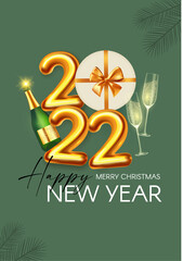 Happy New 2022 Year Party poster template with 3D realistic text, champagne glasses, bottle, fir tree branches and gift box. Festive design. Christmas flyer template