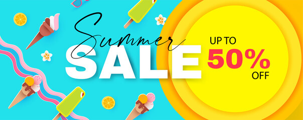 Summer sale. Season sale cute poster template with sea, sun and ice cream