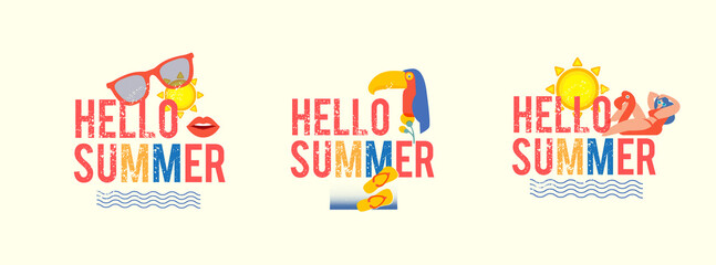 Hello, Summer! Season poster template set with silk-screen effect. Serigraphy design.