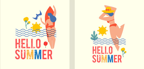 Hello, Summer! Summer vacation poster template set with silk-screen effect. Serigraphy design.