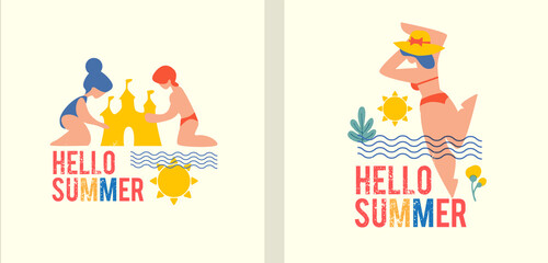 Hello, Summer! Summer vacation poster template set with silk-screen effect. Serigraphy design.
