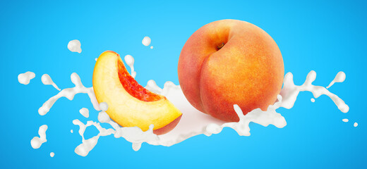Cutted peach in milk splashes isolated on a blue background.