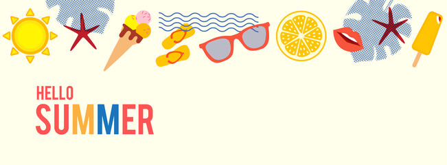 Hello, Summer! Season poster template with silk-screen effect. Serigraphy design.