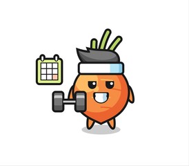 carrot mascot cartoon doing fitness with dumbbell