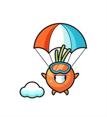 carrot mascot cartoon is skydiving with happy gesture